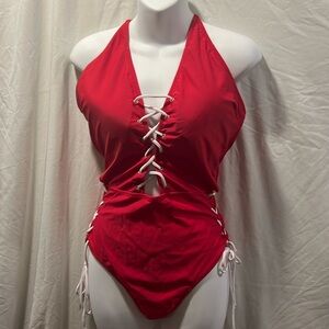Fashion Nova Red Lace-Up Halter One Piece Swimsuit